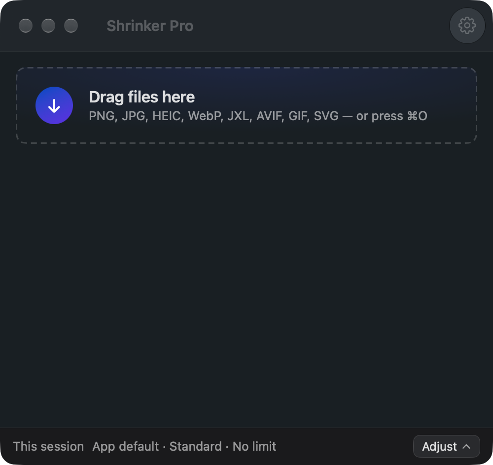 The Shrinker Pro window at rest, showing a dashed drop zone reading “Drag files here”, listing PNG, JPG, HEIC, WebP, JXL, AVIF, GIF, SVG, above a session settings bar reading “This session: App default · Standard · No limit” with an Adjust button.
