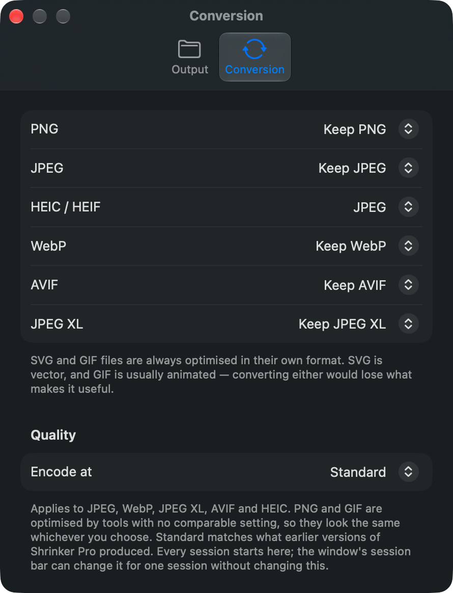 The Conversion tab of Shrinker Pro settings: a rule per format for PNG, JPEG, HEIC/HEIF, WebP, AVIF and JPEG XL, and the Quality level used when encoding.