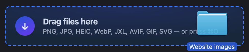 A folder named Website images being dragged onto Shrinker Pro. The drop zone’s dashed border turns blue while the folder hovers over it.