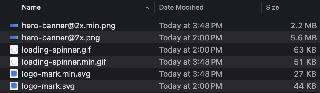 A Finder list with each original beside its smaller .min copy: hero-banner@2x.png at 5.6 MB and hero-banner@2x.min.png at 2.2 MB; loading-spinner.gif at 63 KB and loading-spinner.min.gif at 51 KB; logo-mark.svg at 44 KB and logo-mark.min.svg at 27 KB.