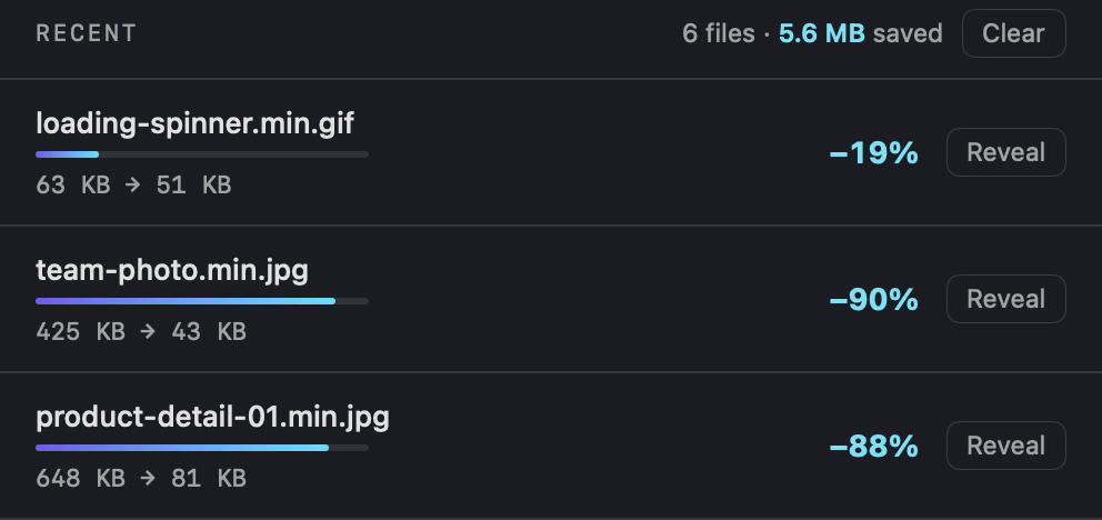 Three rows of Shrinker Pro’s session history, each with a savings bar: loading-spinner.gif, 63 KB to 51 KB, 19% smaller; team-photo, converted from HEIC to JPEG, 425 KB to 43 KB, 90% smaller; product-detail-01.jpg, 648 KB to 81 KB, 88% smaller.